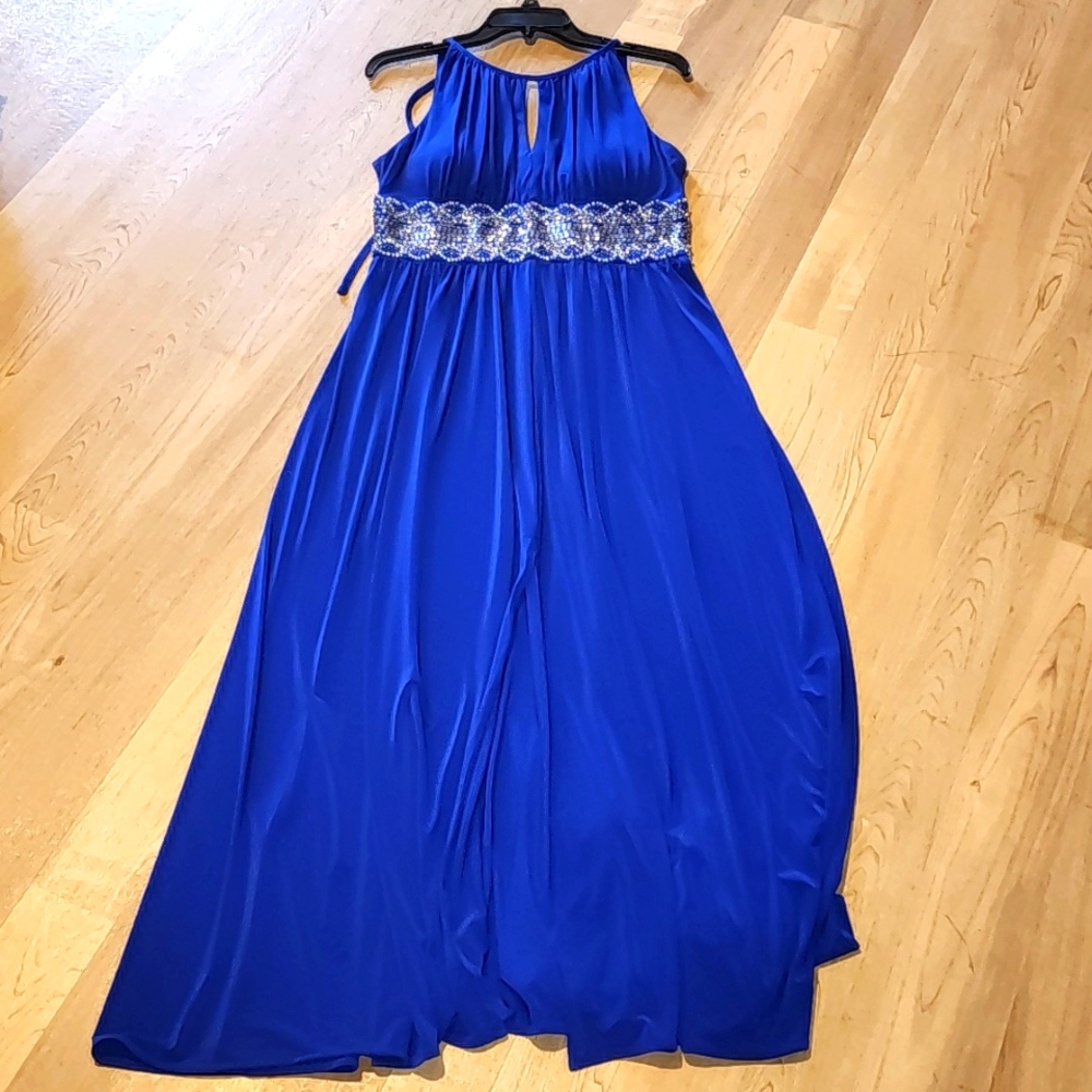R & M Richards Royal Blue Prom Gown with Silver Beaded Waist